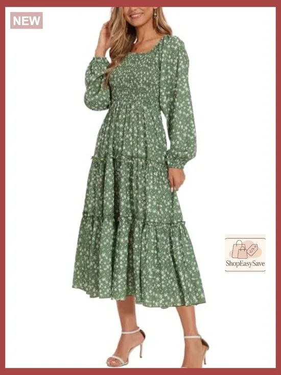 Boho Floral Midi Dress with Puff Sleeves Smocked Waist and Pockets - Picture 4 of 7